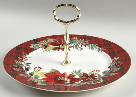 Plaid Poinsettia Round Serving Plate with Center Handle (Dp) Hc
