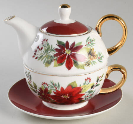 Plaid Poinsettia Individual Teapot & Lid with Cup & Saucer