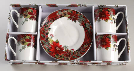 Plaid Poinsettia Flat Demitasse Cup & Saucer Set - Set of 4