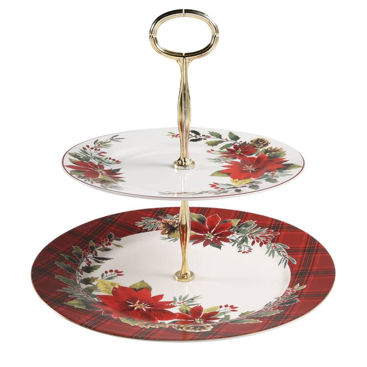 Plaid Poinsettia 6 5/8"-10"  2 Tiered Serving Tray (Dp, Sp) HC