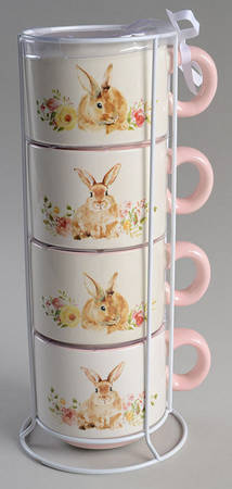 Posey Bunny Stackable Mug - Set of 4 & Metal Holder