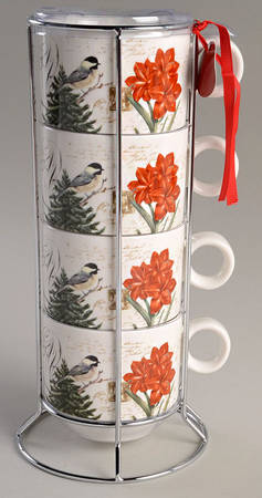 Winter Cheer Bird Stackable Mug - Set of 4 & Metal Holder