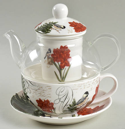 Winter Cheer Bird Individual Teapot & Lid with Infuser, Cup & Saucer