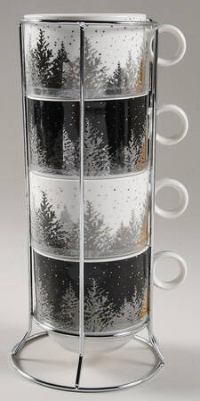 Black Grey Tree Stackable Mug - Set of 4 & Metal Holder