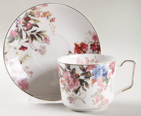 Pink Blue Garden Flat Cup & Saucer Set
