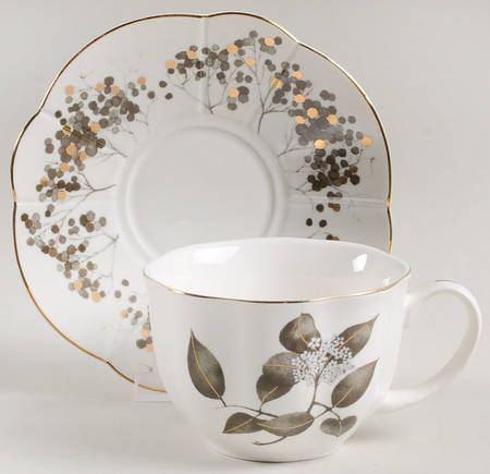 Metallic Black Leaves Flat Cup & Saucer Set