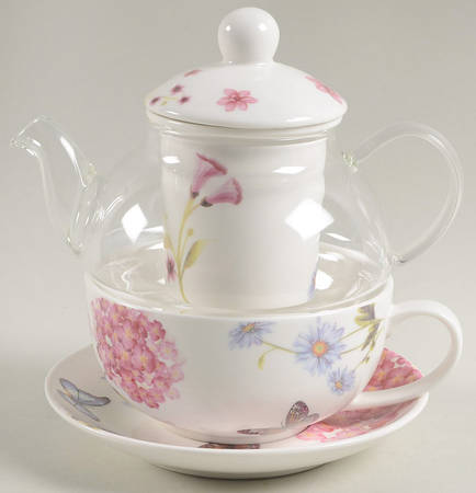Hydrangea Individual Teapot & Lid with Infuser, Cup & Saucer