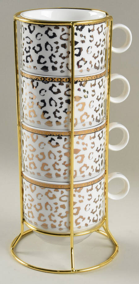 Leopard Gold Stackable Mug - Set of 4 & Metal Holder