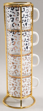 Leopard Gold Stackable Mug - Set of 4 & Metal Rack