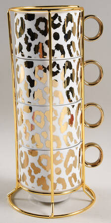 Leopard Gold Stackable Mug - Set of 4 & Metal Rack