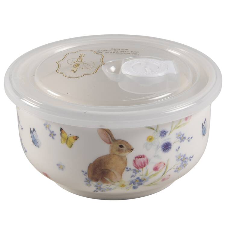 Plaid Bunny 16 Oz Round Plastic Microwave Bowl w/Vent Lid