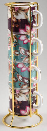 Peacock Lotus Garden Stackable Mug - Set of 4 & Metal Holder