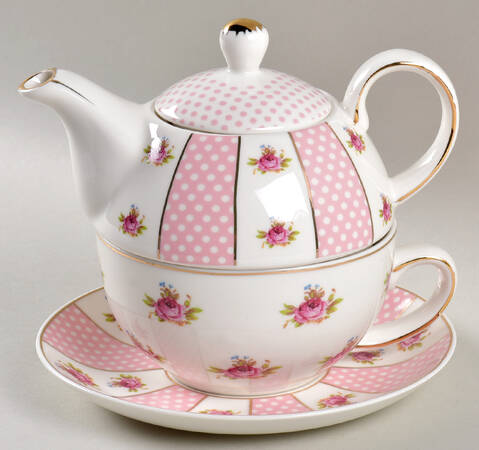 Pink Dots Rose Bud Individual Teapot & Lid with Cup & Saucer