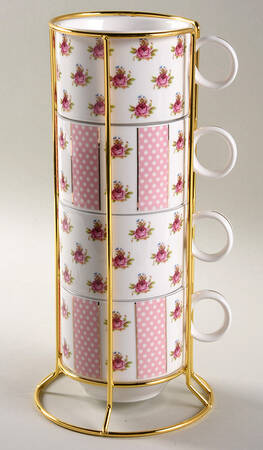 Pink Dots Rose Bud Stackable Mug - Set of 4 & Metal Holder