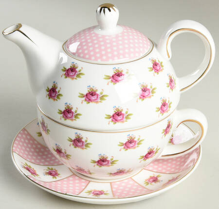 Pink Dots Rose Bud Tea for One (Stacking Teapot w/Cup & Saucer)