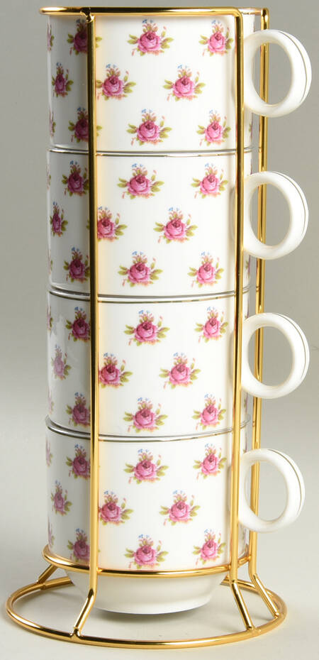 Pink Dots Rose Bud Stackable Mug - Set of 4 & Metal Holder