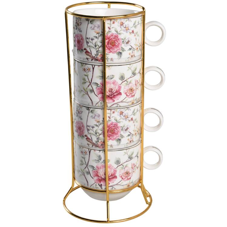Camellia Hydrangea Stackable Mug - Set of 4 & Metal Holder