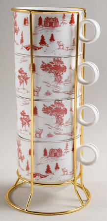 Red Village Stackable Mug - Set of 4 & Metal Holder