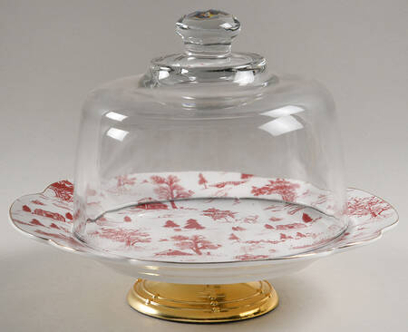 Red Village 6 1/2"-7 1/2" Footed Cheese Plate w/ Glass Dome HC