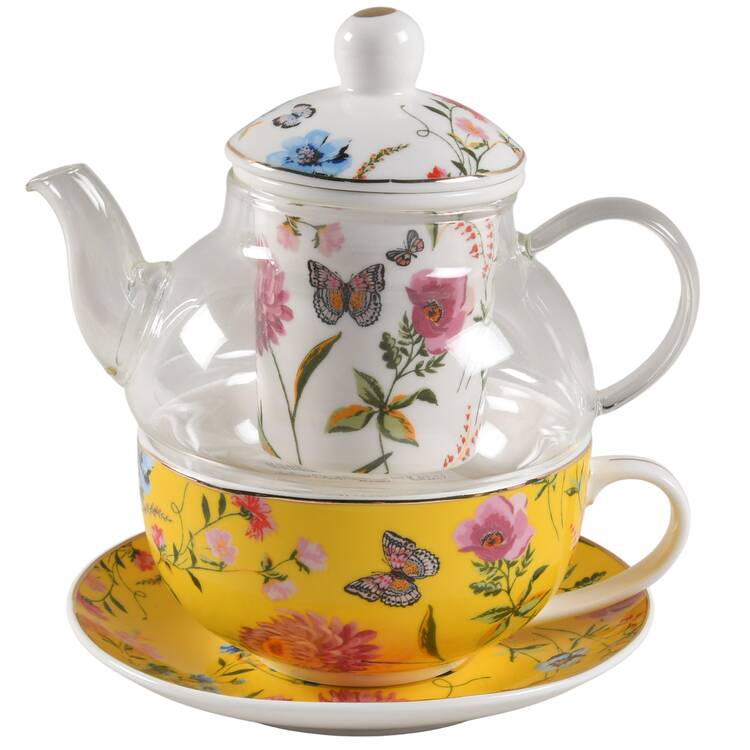 Butterfly Garden Individual Teapot & Lid with Infuser, Cup & Saucer