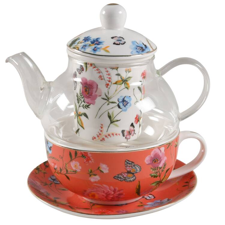 Butterfly Garden Individual Teapot & Lid with Infuser, Cup & Saucer