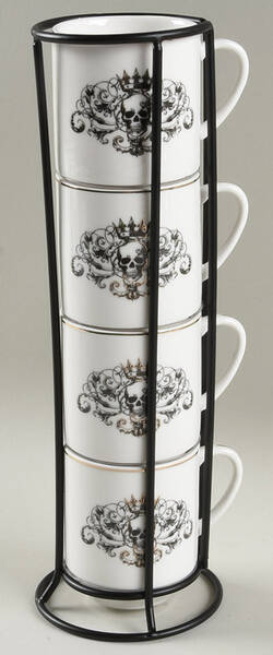 Lattice Skull with Crown Stackable Mug - Set of 4 & Metal Holder