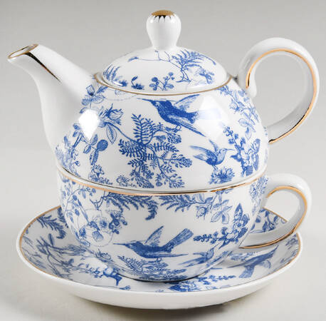 Blue White Bird Individual Teapot & Lid with Cup & Saucer