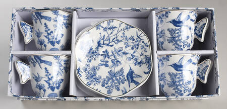 Blue White Bird Flat Demitasse Cup & Saucer Set - Set of 4