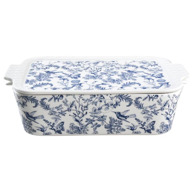 Blue White Bird Rectangular Baker & Lid