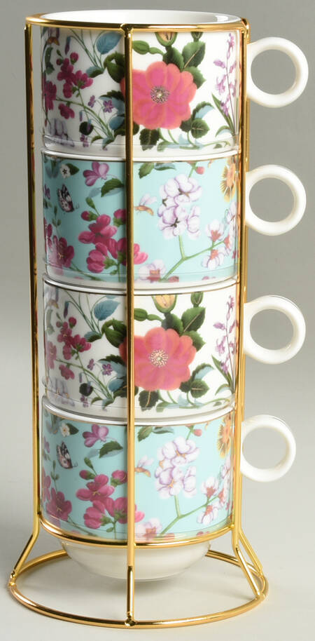 Floral Tiara Stackable Mug - Set of 4 & Metal Holder