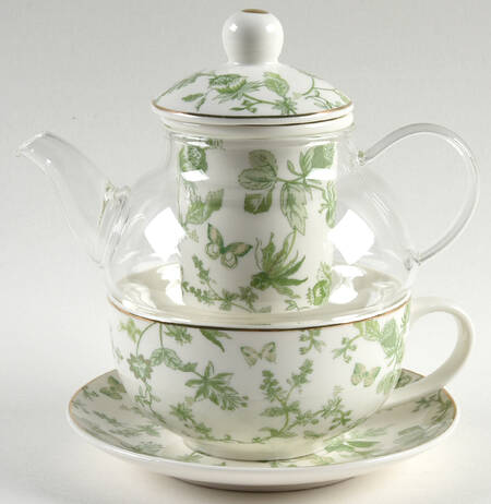 Greeny Garden Individual Teapot & Lid with Infuser, Cup & Saucer