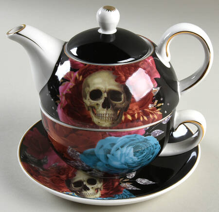 Black Rose Skull Tea for One (Stacking Teapot w/Cup & Saucer)