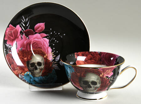Black Rose Skull Footed Cup & Saucer Set