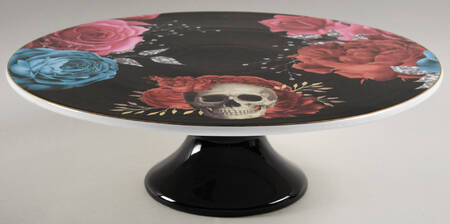 Black Rose Skull Footed Cake Plate