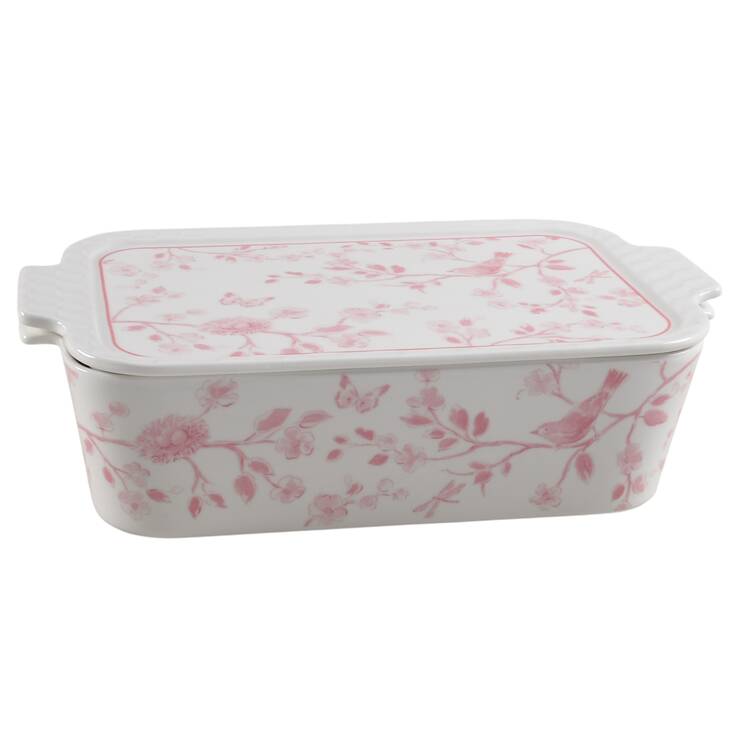 Pink Botanical Birds Rectangular Baker & Lid