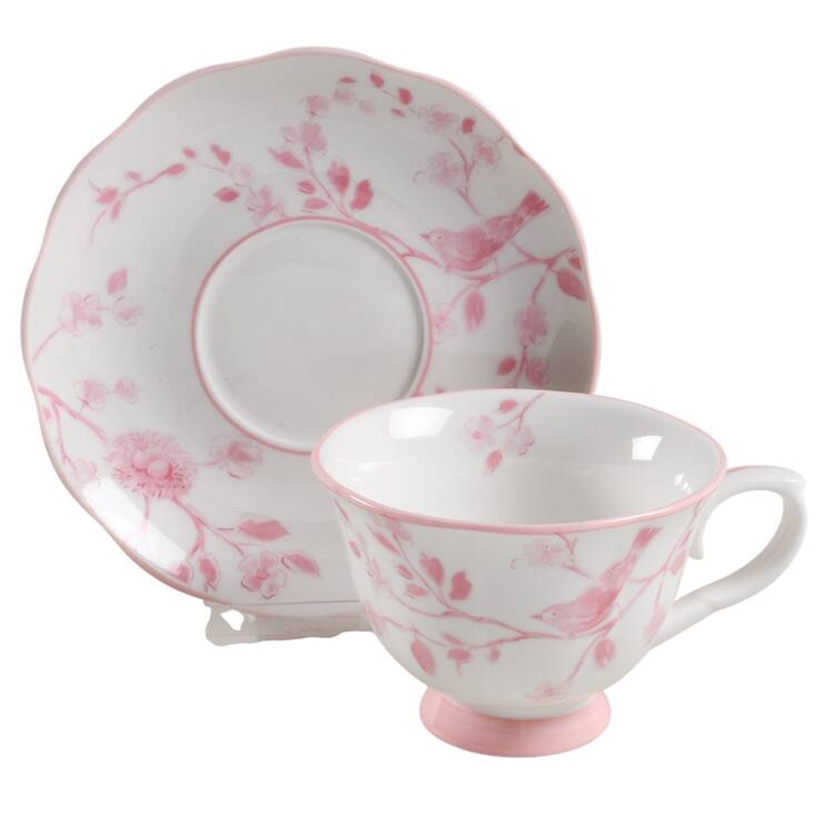 Pink Botanical Birds Footed Cup & Saucer Set