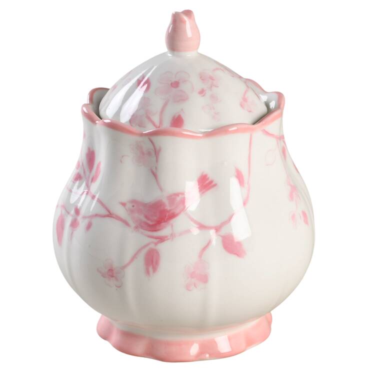 Pink Botanical Birds Sugar Bowl & Lid