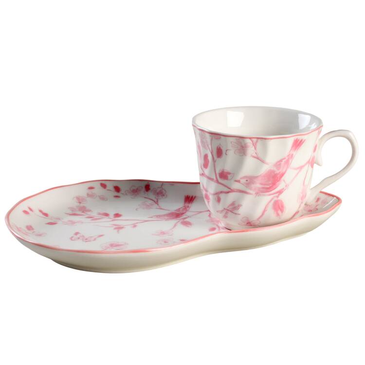Pink Botanical Birds Snack Plate & Cup Set