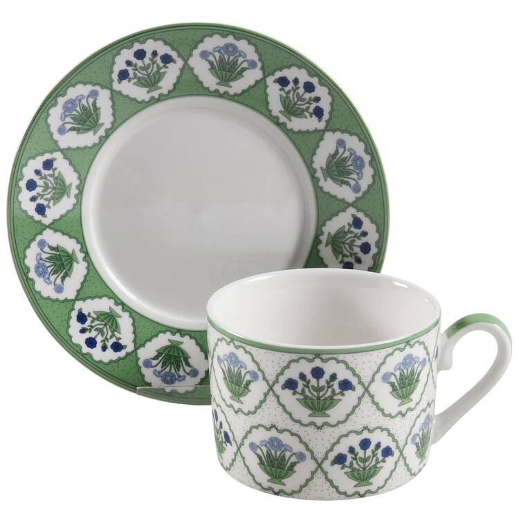 Blue-Green Block Flat Cup & Saucer Set