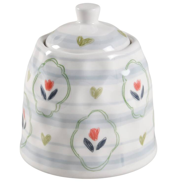 Blue Stripe Stamp Flower Sugar Bowl & Lid