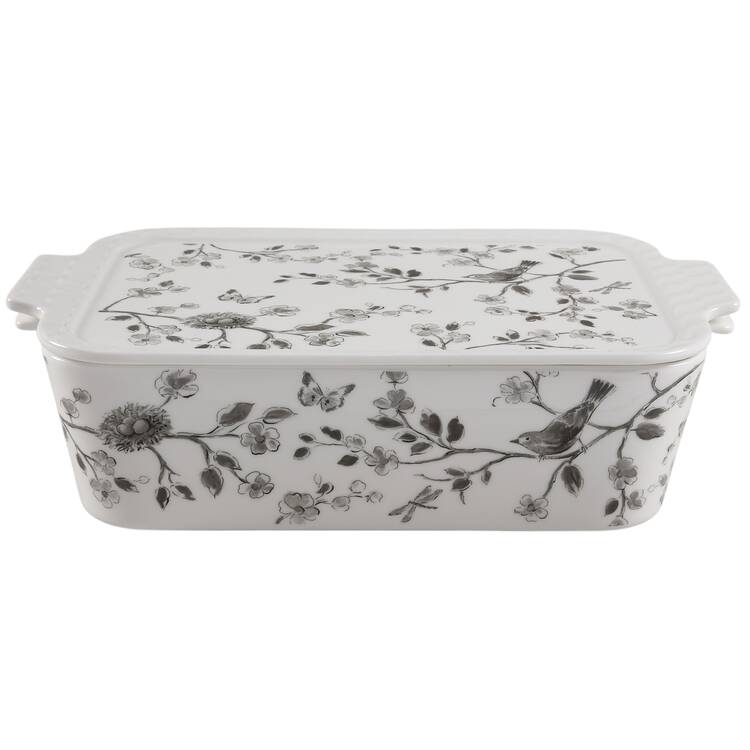 Botanical Birds Rectangular Baker & Lid