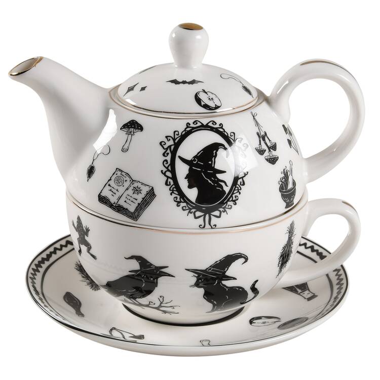 Witch Cat Ruffle Tea for One (Stacking Teapot w/Cup & Saucer)