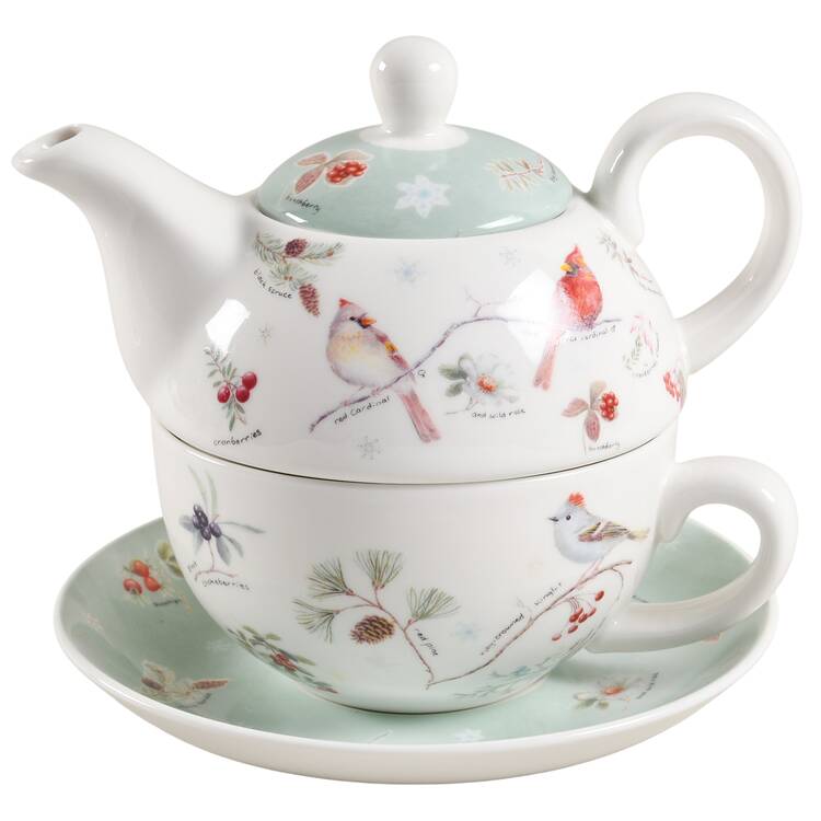 Winter Cardinal Tea for One (Stacking Teapot w/Cup & Saucer)