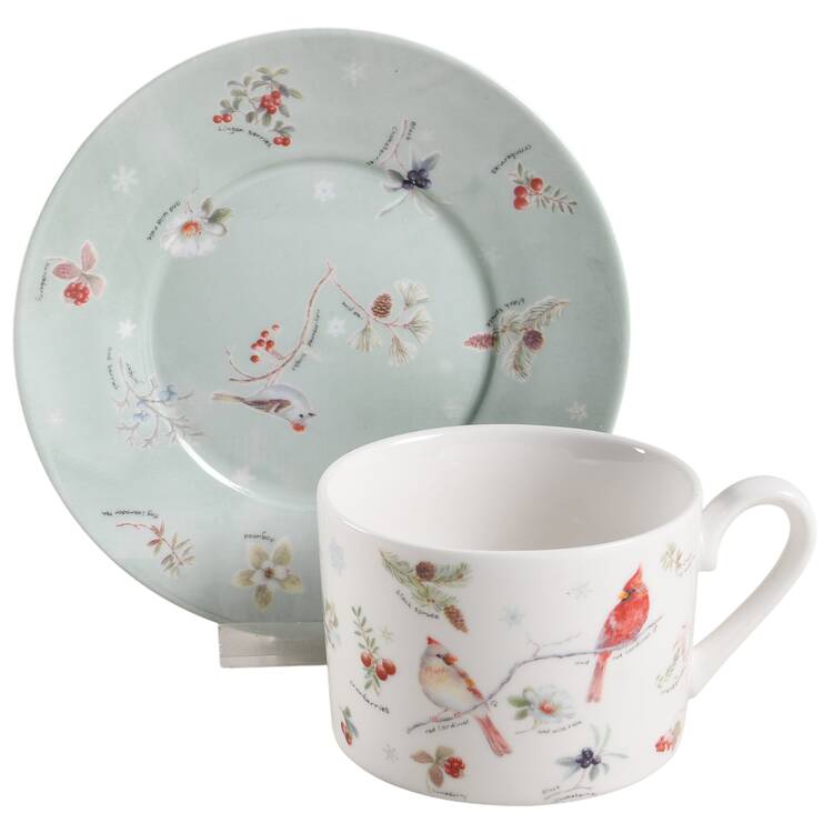 Winter Cardinal Flat Cup & Saucer Set