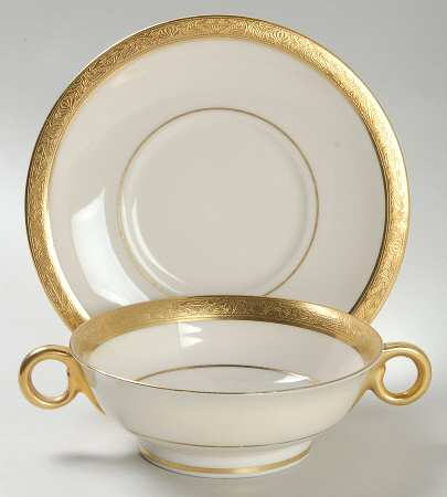 Aladdin (Gold Encrusted) Footed Cream Soup Bowl & Saucer Set