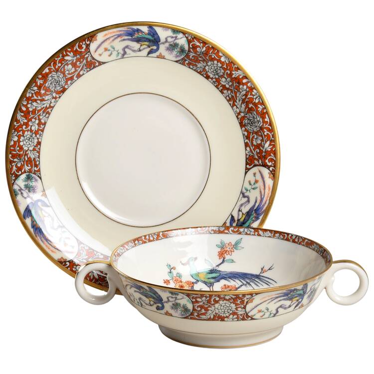 Bird of India Footed Cream Soup Bowl & Saucer Set