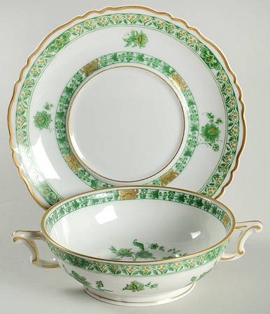Cashmere (Green & Gold Tree) Footed Cream Soup Bowl & Saucer Set