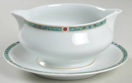 Chatelaine Green (Gold Verge) Gravy Boat with Attached Underplate