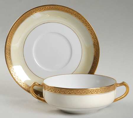 Chevalier (Older, Gold Trim) Flat Cream Soup Bowl & Saucer Set