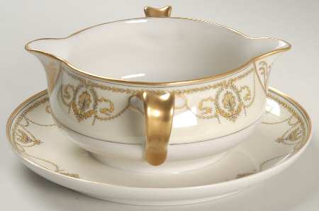 Eugenie (Black Laurel & Swags) Gravy Boat with Attached Underplate
